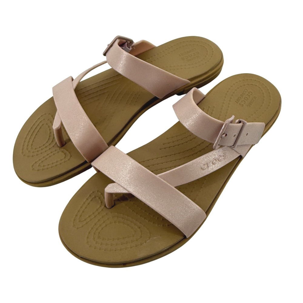 Crocs Tulum Toe Post Sandal Metallic Pink Clay Tan Women 7 Slip On Buckle